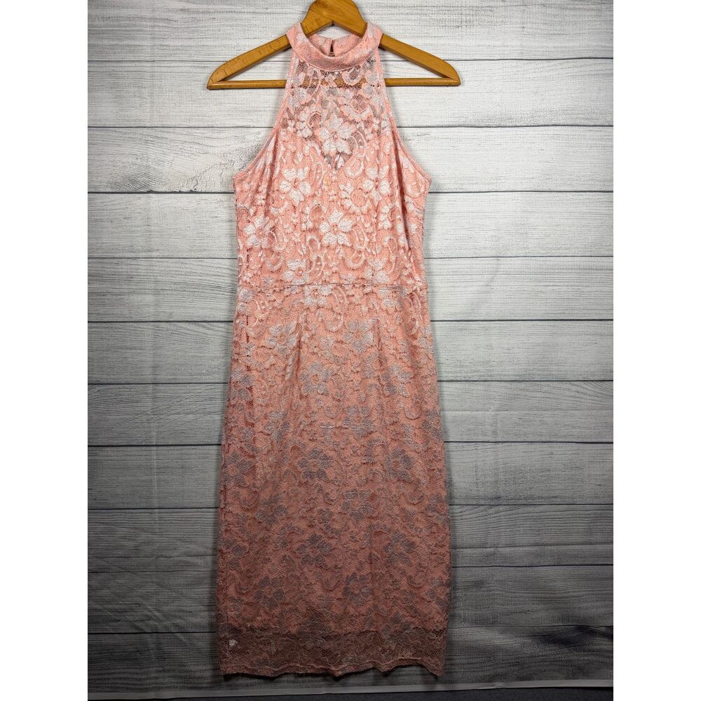 Almost Famous Women's XL Peach Pink Floral Lace Halter Midi Dress 4815